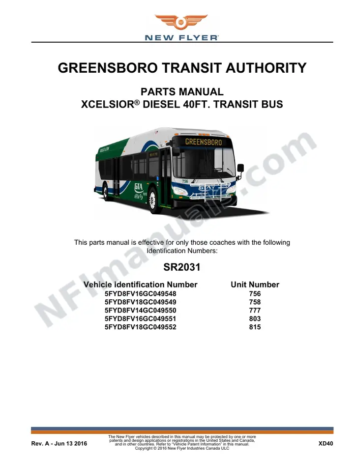 SR2031 Parts Manual, Greensboro Transit Authority first-page preview
