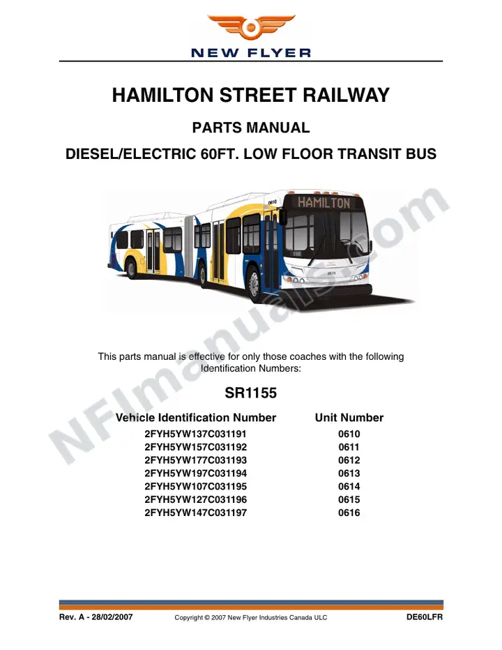 SR1155 Parts Manual, Hamilton Street Railway first-page preview