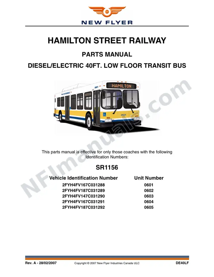 SR1156 Parts Manual, Hamilton Street Railway first-page preview