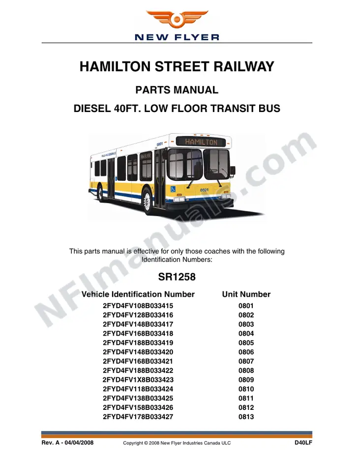 SR1258 Parts Manual, Hamilton Street Railway first-page preview