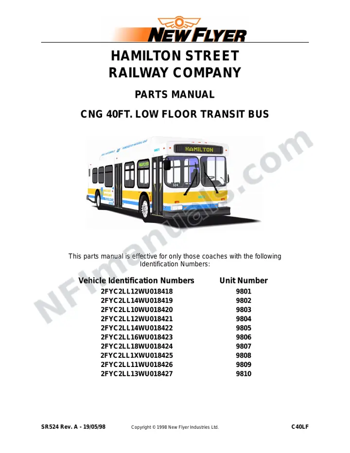SR524 Parts Manual, Hamilton Street Railway first-page preview