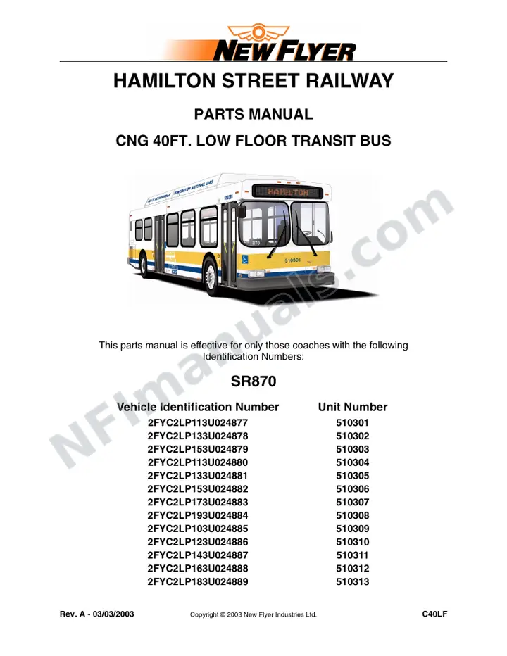 SR870 Parts Manual, Hamilton Street Railway first-page preview