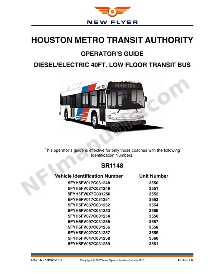 New Flyer DE40LFR Manual Package - Houston Metro Transit Authority included manual preview