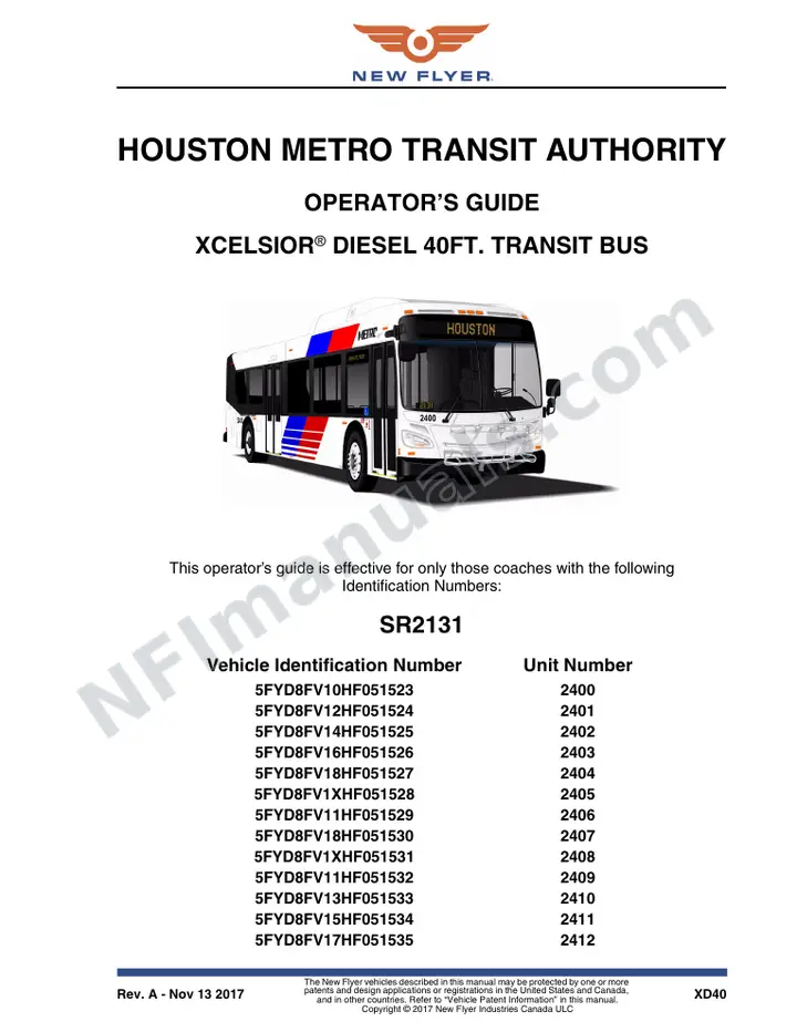 New Flyer XD40 Manual Package - Houston Metro Transit Authority included manual preview