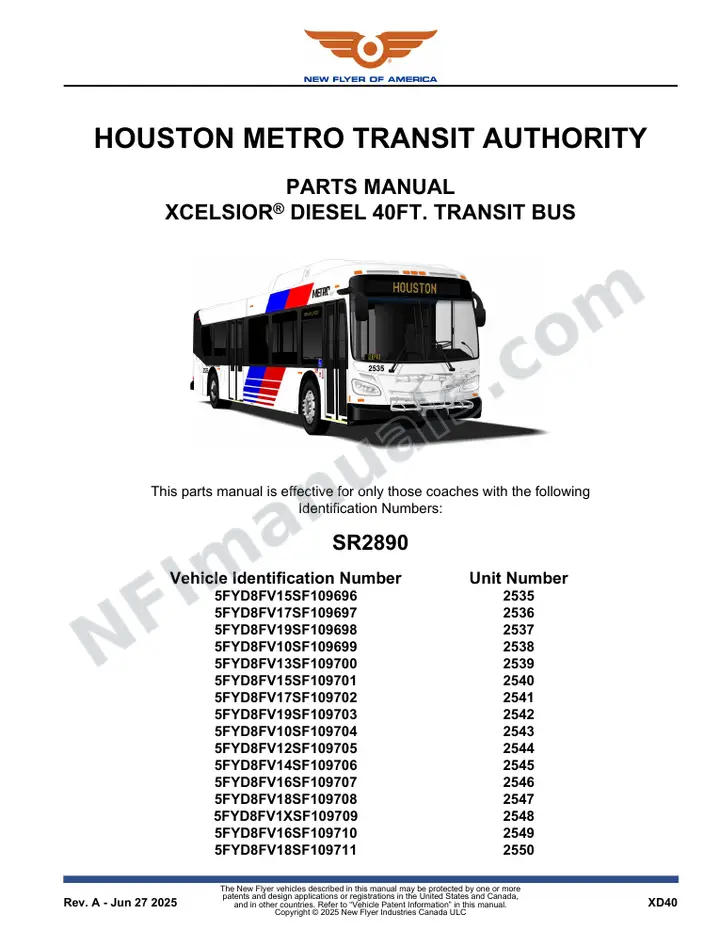 SR2890 Parts Manual, Houston Metro Transit Authority first-page preview
