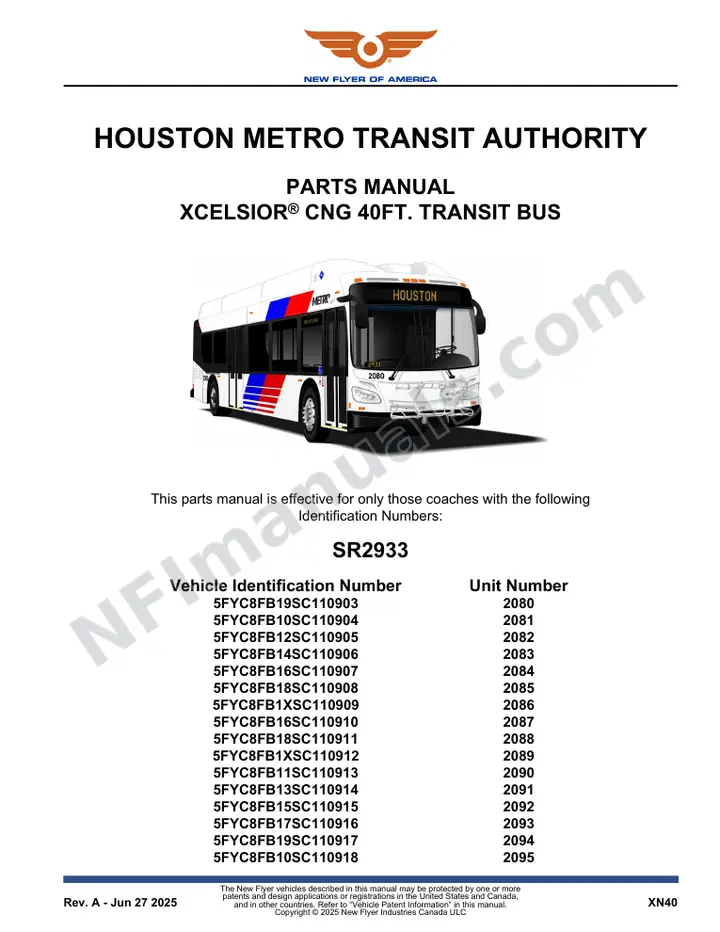 SR2933 Parts Manual, Houston Metro Transit Authority first-page preview