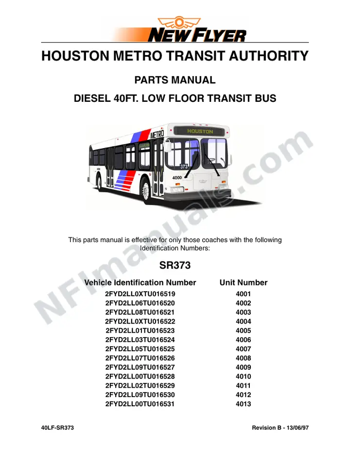 SR373 Parts Manual, Houston Metro Transit Authority first-page preview