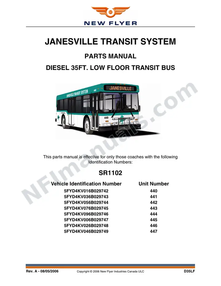 SR1102 Parts Manual, Janesville Transit System first-page preview