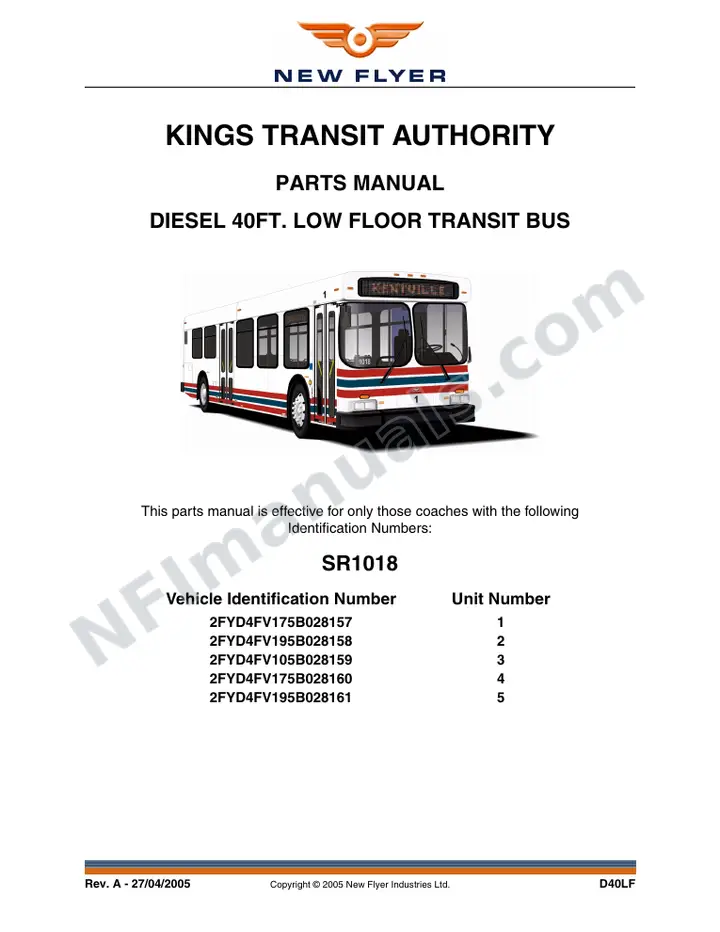 SR1018 Parts Manual, Kings Transit Authority first-page preview