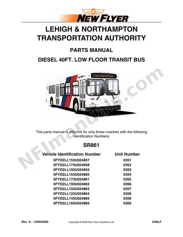 SR861 Parts Manual, Lehigh & Northampton Transportation Authority (LANTA) first-page preview
