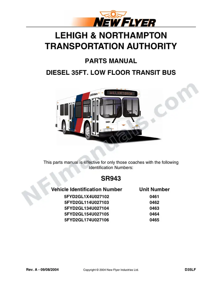 SR943 Parts Manual, Lehigh & Northampton Transportation Authority (LANTA) first-page preview