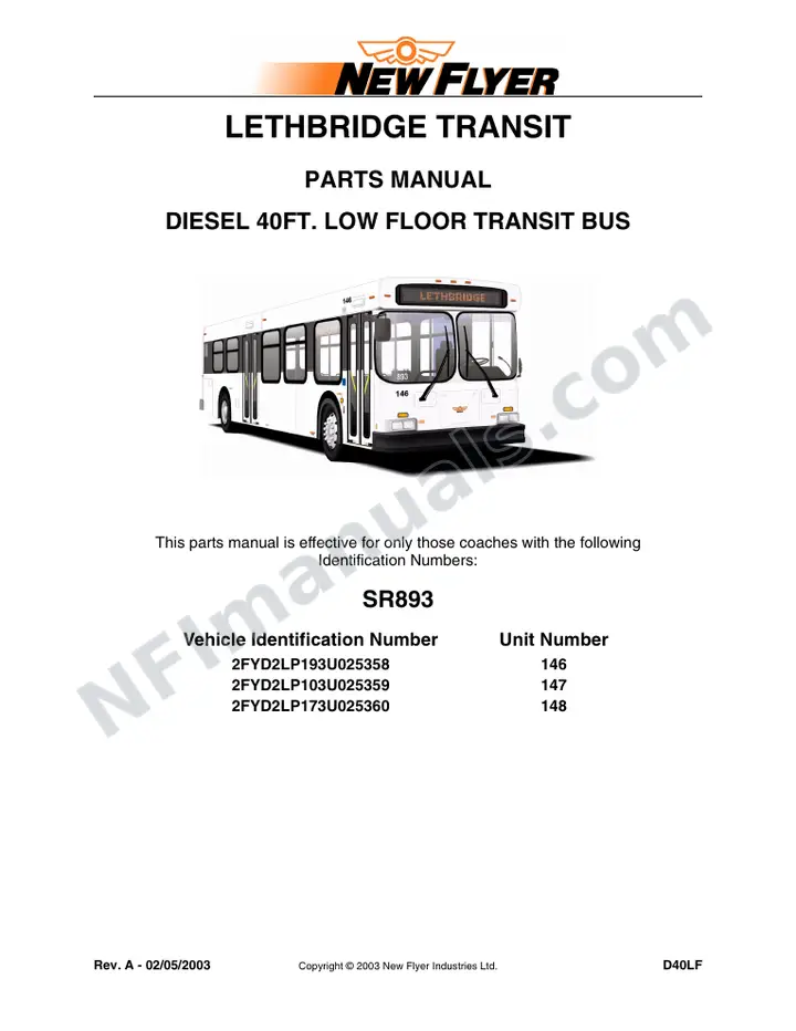 SR893 Parts Manual, Lethbridge Transit first-page preview