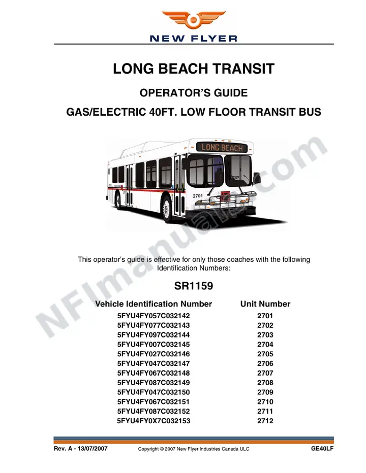 New Flyer GE40LF Manual Package - Long Beach Transit included manual preview
