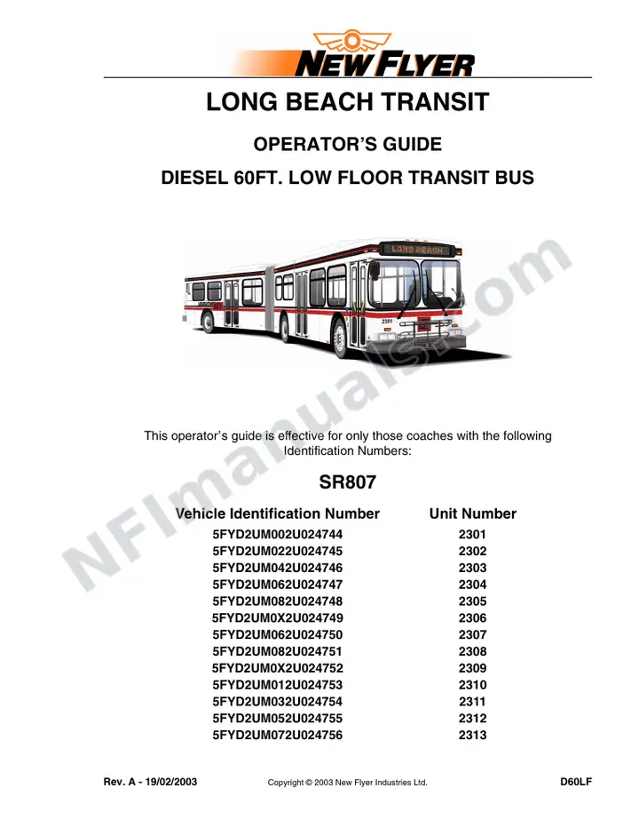 New Flyer D60LF Manual Package - Long Beach Transit included manual preview