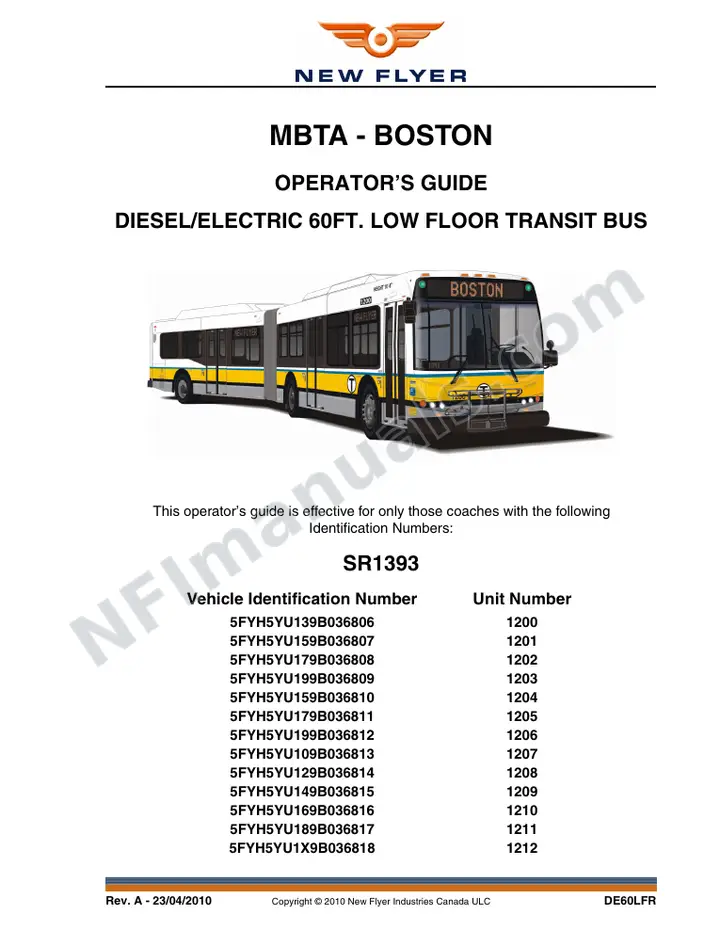 New Flyer DE60LFR Manual Package - MBTA - Boston included manual preview