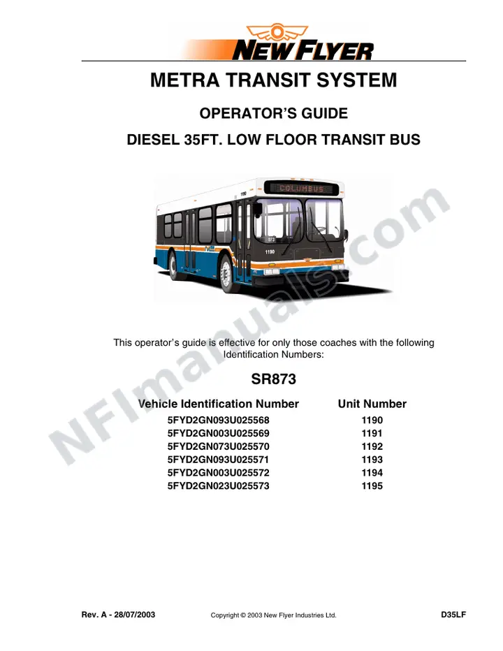 SR873 Operator's Guide, METRA Transit System first-page preview
