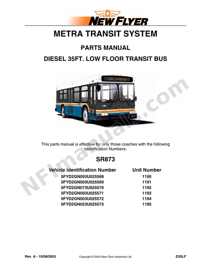SR873 Parts Manual, METRA Transit System first-page preview