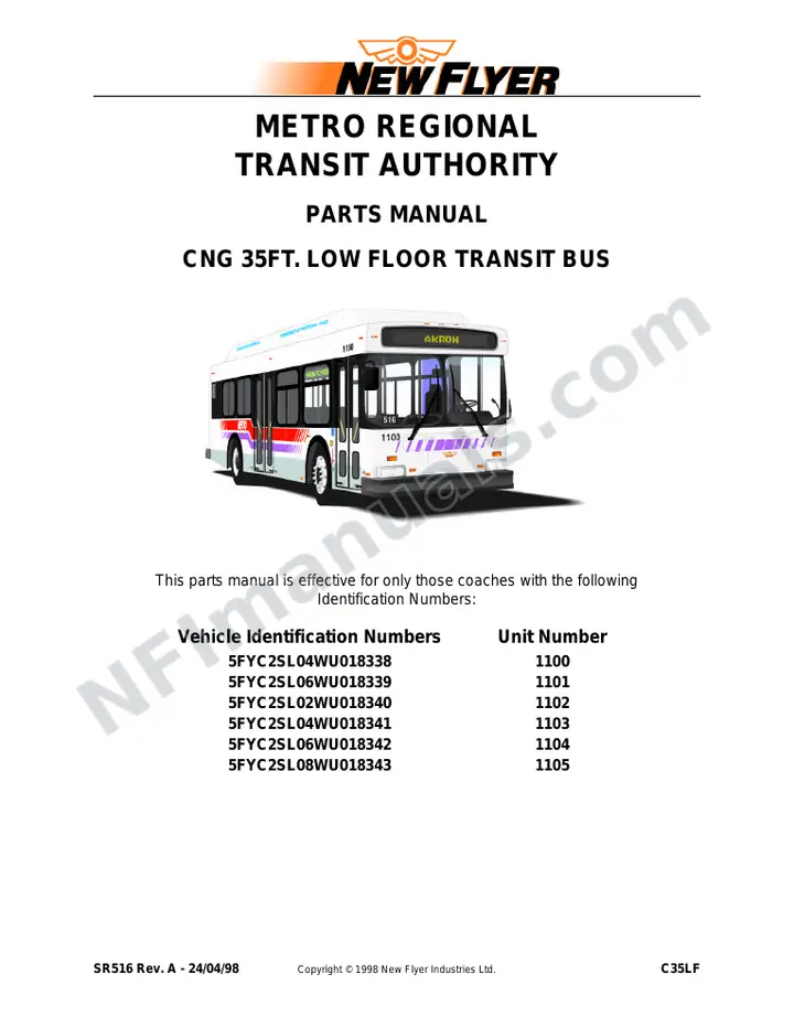 SR516 Parts Manual, Metro Regional Transit Authority - Akron first-page preview