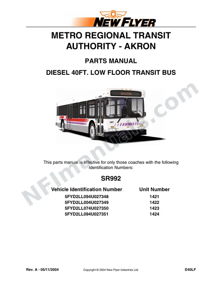 SR992 Parts Manual, Metro Regional Transit Authority - Akron first-page preview