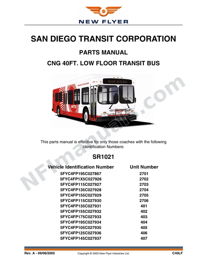SR1021 Parts Manual, San Diego Transit Corporation first-page preview