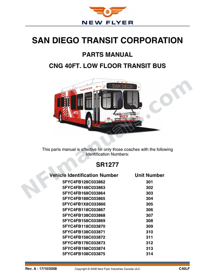 SR1277 Parts Manual, San Diego Transit Corporation first-page preview