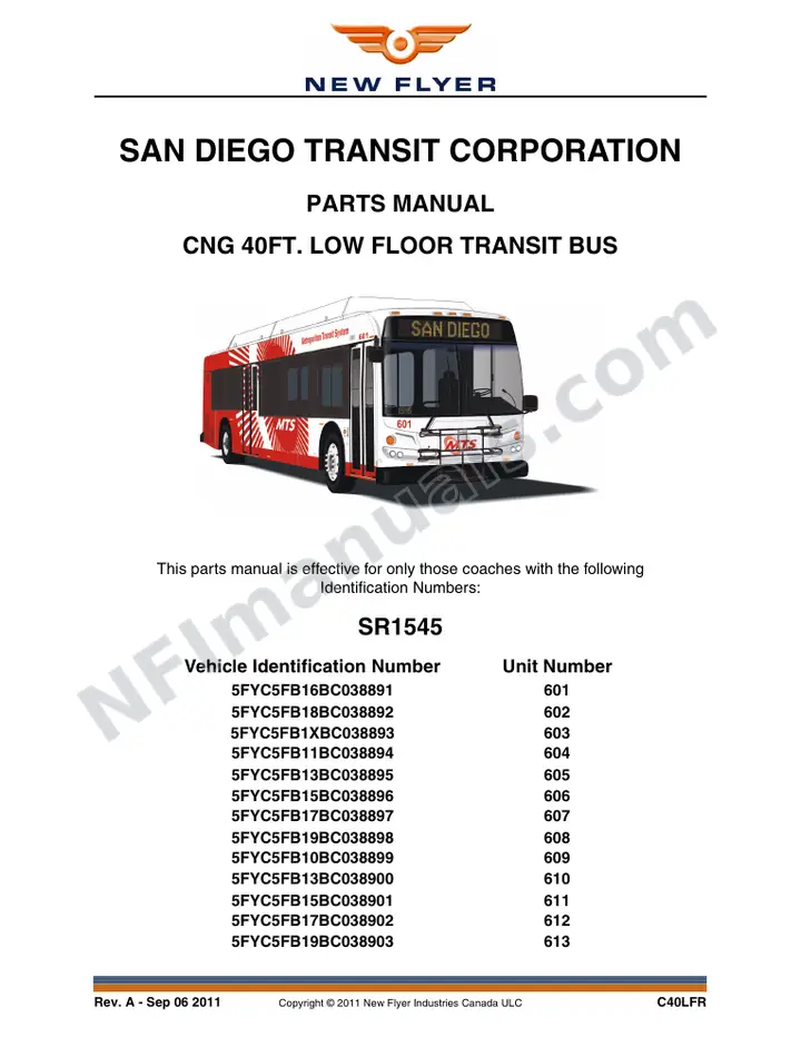 SR1545 Parts Manual, San Diego Transit Corporation first-page preview
