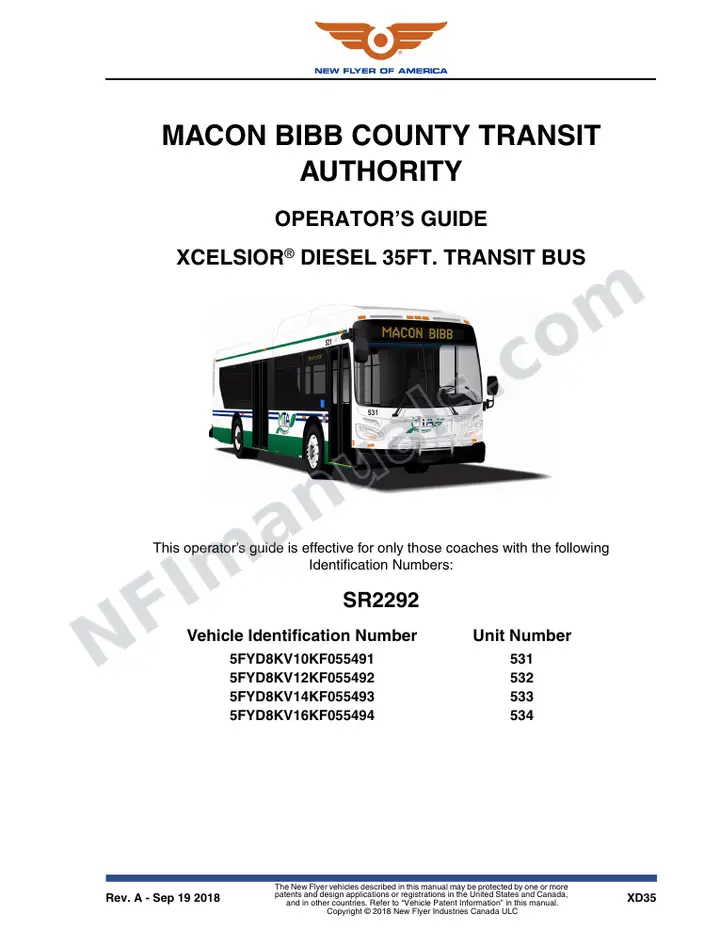 New Flyer XD35 Manual Package - Macon Bibb County Transit Authority included manual preview