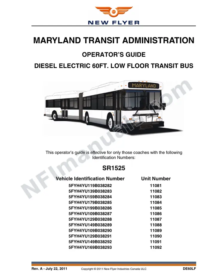 New Flyer DE60LF Manual Package - Maryland Transit Administration included manual preview