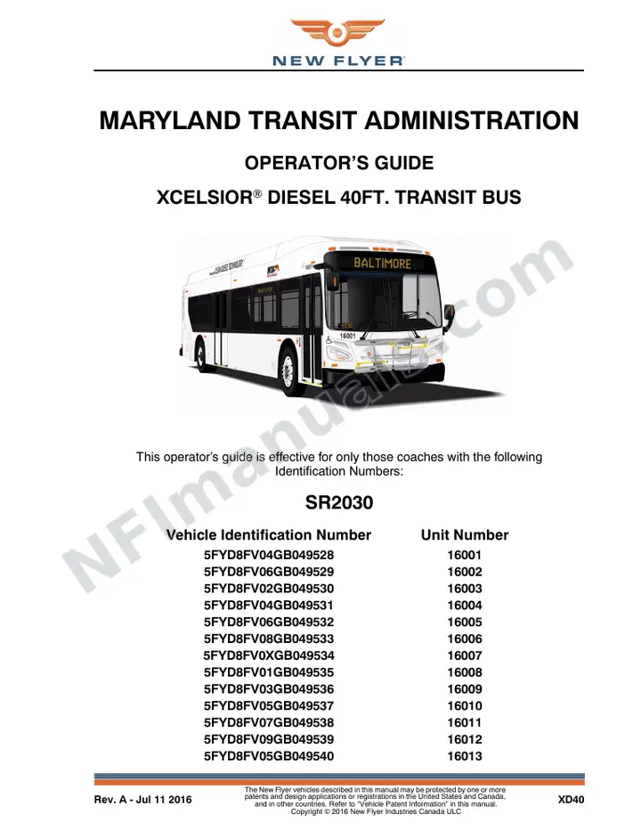 New Flyer XD40 Manual Package - Maryland Transit Administration included manual preview