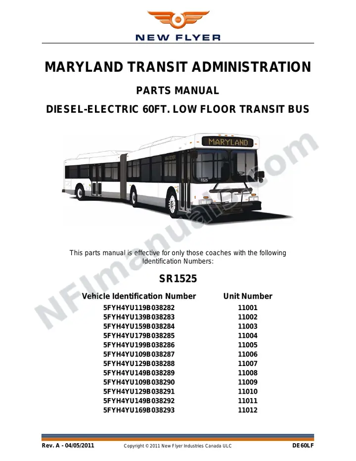 SR1525 Parts Manual, Maryland Transit Administration first-page preview