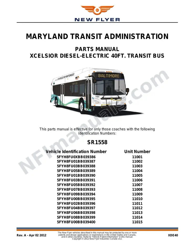 SR1558 Parts Manual, Maryland Transit Administration first-page preview