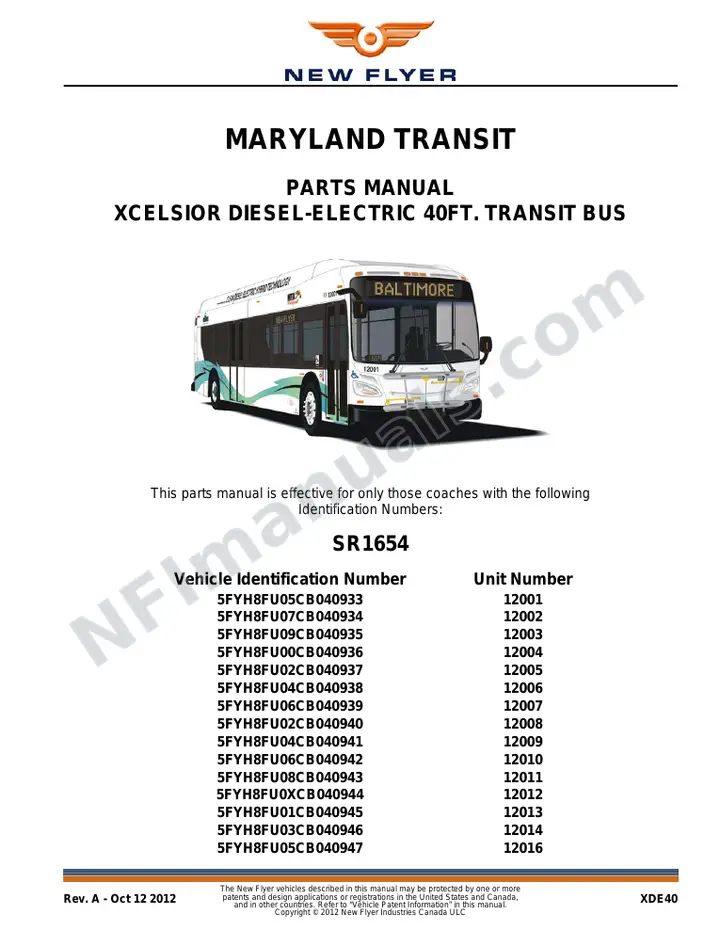 SR1654 Parts Manual, Maryland Transit first-page preview