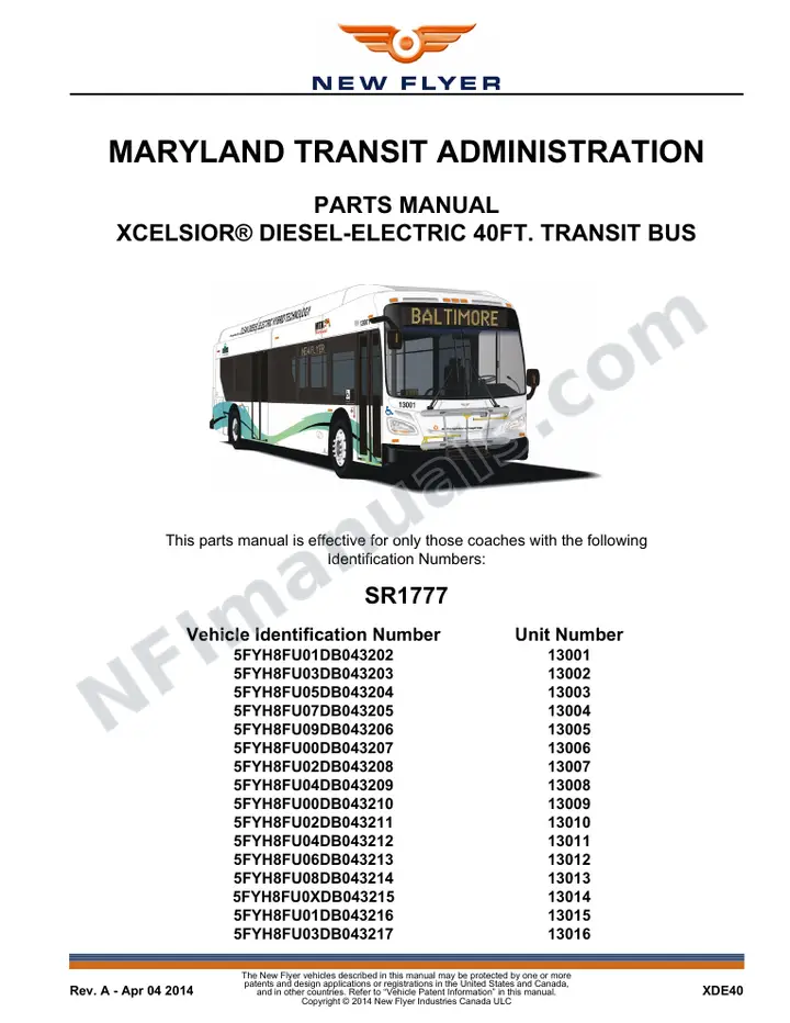 SR1777 Parts Manual, Maryland Transit Administration first-page preview