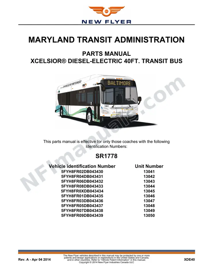 SR1778 Parts Manual, Maryland Transit Administration first-page preview