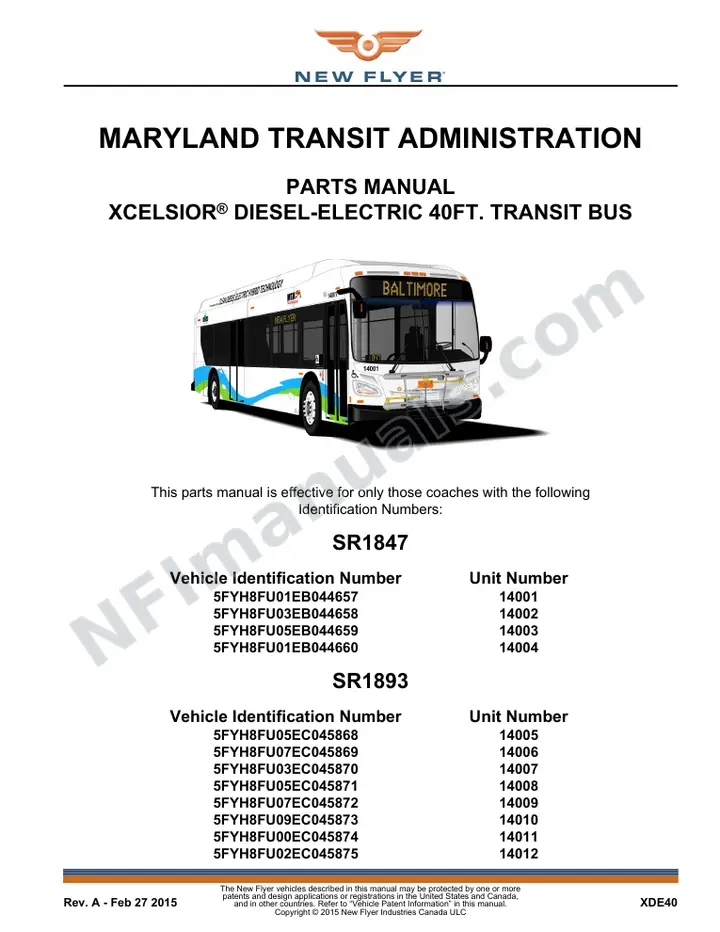 SR1847_1893 Parts Manual, Maryland Transit Administration first-page preview