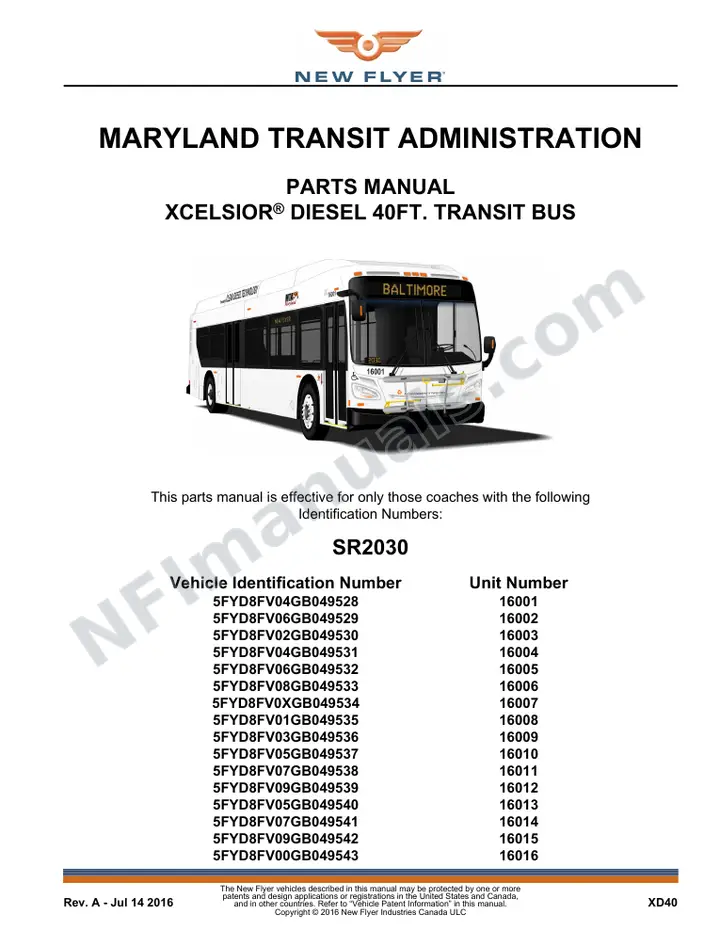 SR2030 Parts Manual, Maryland Transit Administration first-page preview