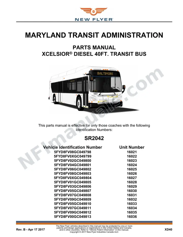 SR2042 Parts Manual, Maryland Transit Administration first-page preview