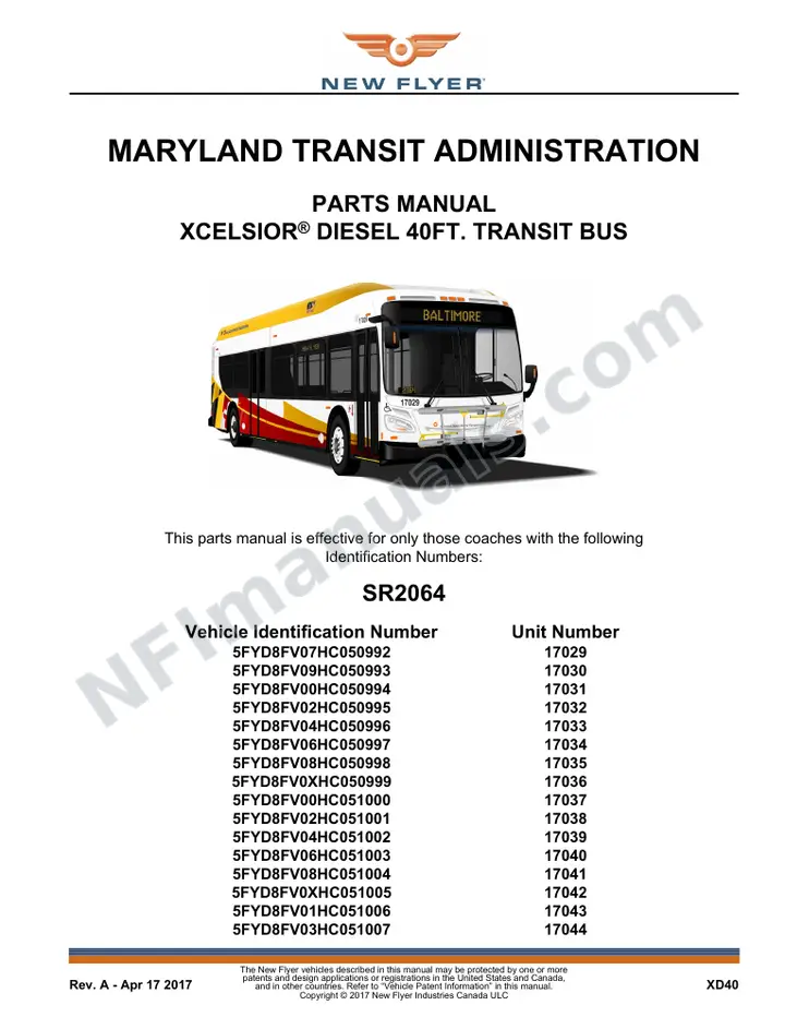 SR2064 Parts Manual, Maryland Transit Administration first-page preview