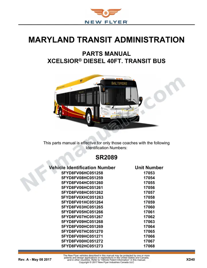 SR2089 Parts Manual, Maryland Transit Administration first-page preview