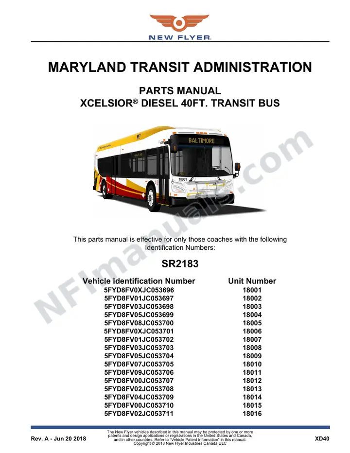 SR2183 Parts Manual, Maryland Transit Administration first-page preview