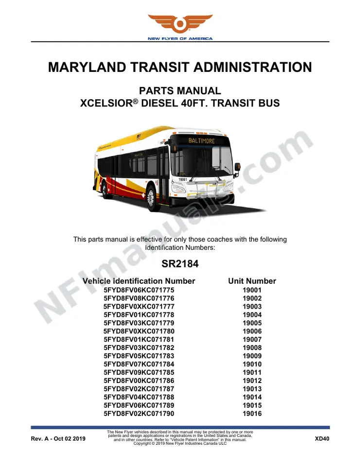 SR2184 Parts Manual, Maryland Transit Administration first-page preview