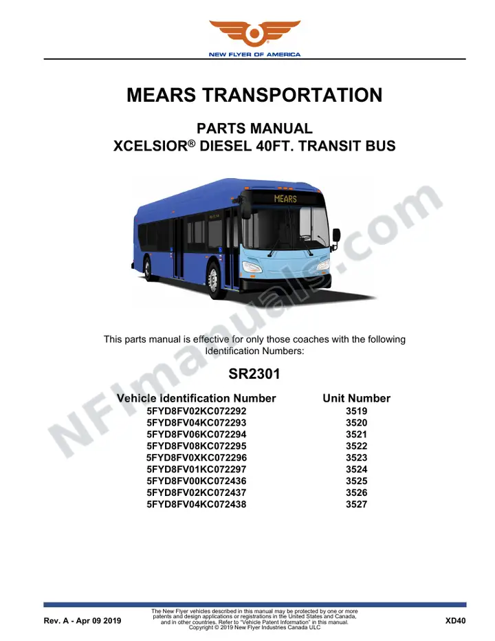 SR2301 Parts Manual, Mears Transportation first-page preview