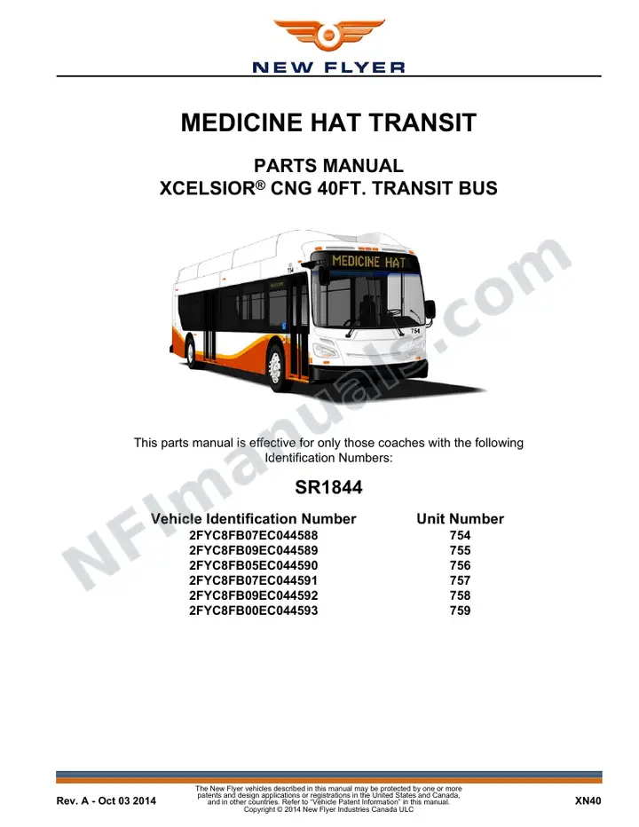 SR1844 Parts Manual, Medicine Hat Transit first-page preview
