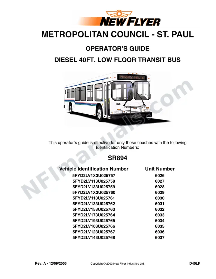 New Flyer D40LF Manual Package - Metropolitan Council - St. Paul included manual preview