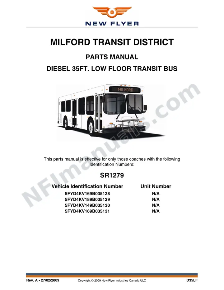 SR1279 Parts Manual, Milford Transit District first-page preview