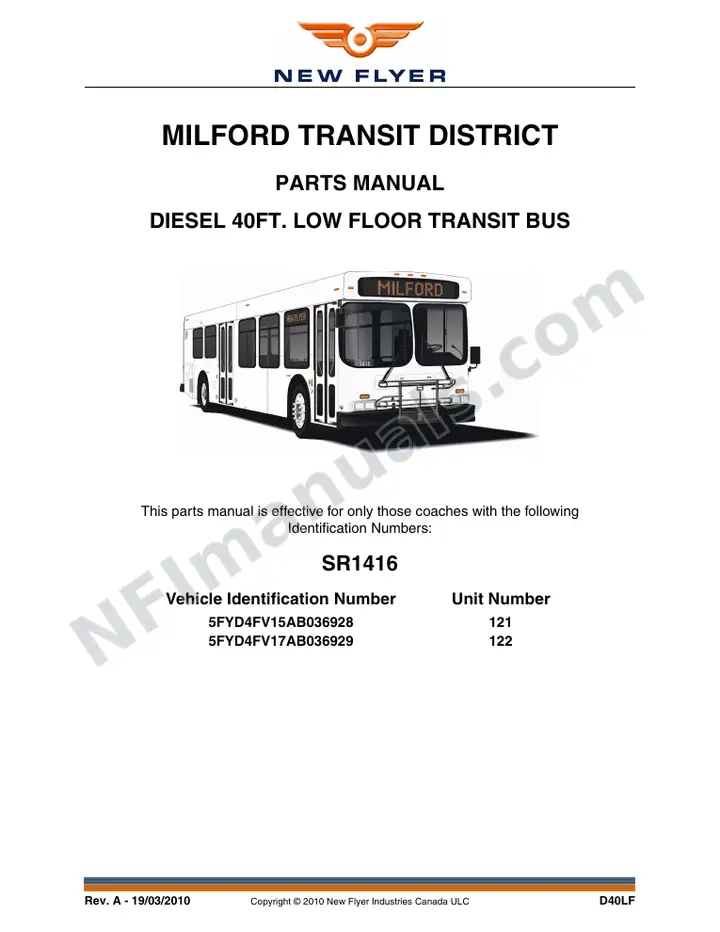 SR1416 Parts Manual, Milford Transit District first-page preview