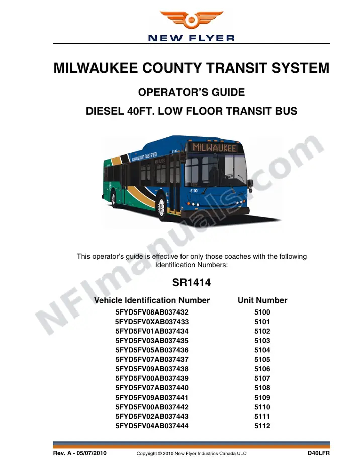 New Flyer D40LFR Manual Package - Milwaukee County Transit System included manual preview