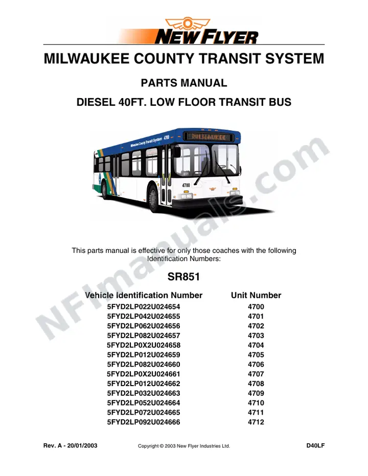 SR851 Parts Manual, Milwaukee County Transit System first-page preview