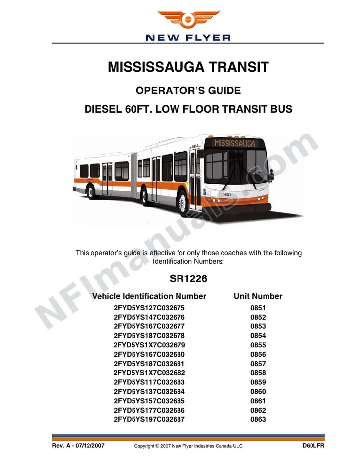 New Flyer D60LFR Manual Package - Mississauga Transit included manual preview