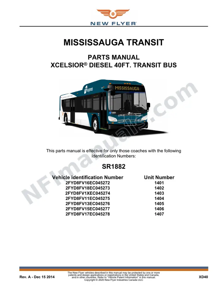 SR1882 Parts Manual, MISSISSAUGA TRANSIT first-page preview